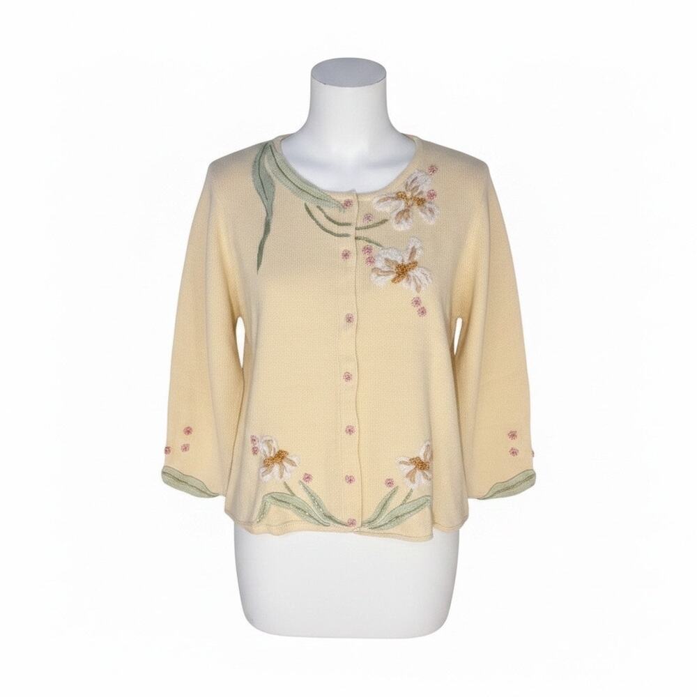 Vintage Storybook Knits Deadstock Butter Yellow Beaded Embroidered Cardigan 2X
